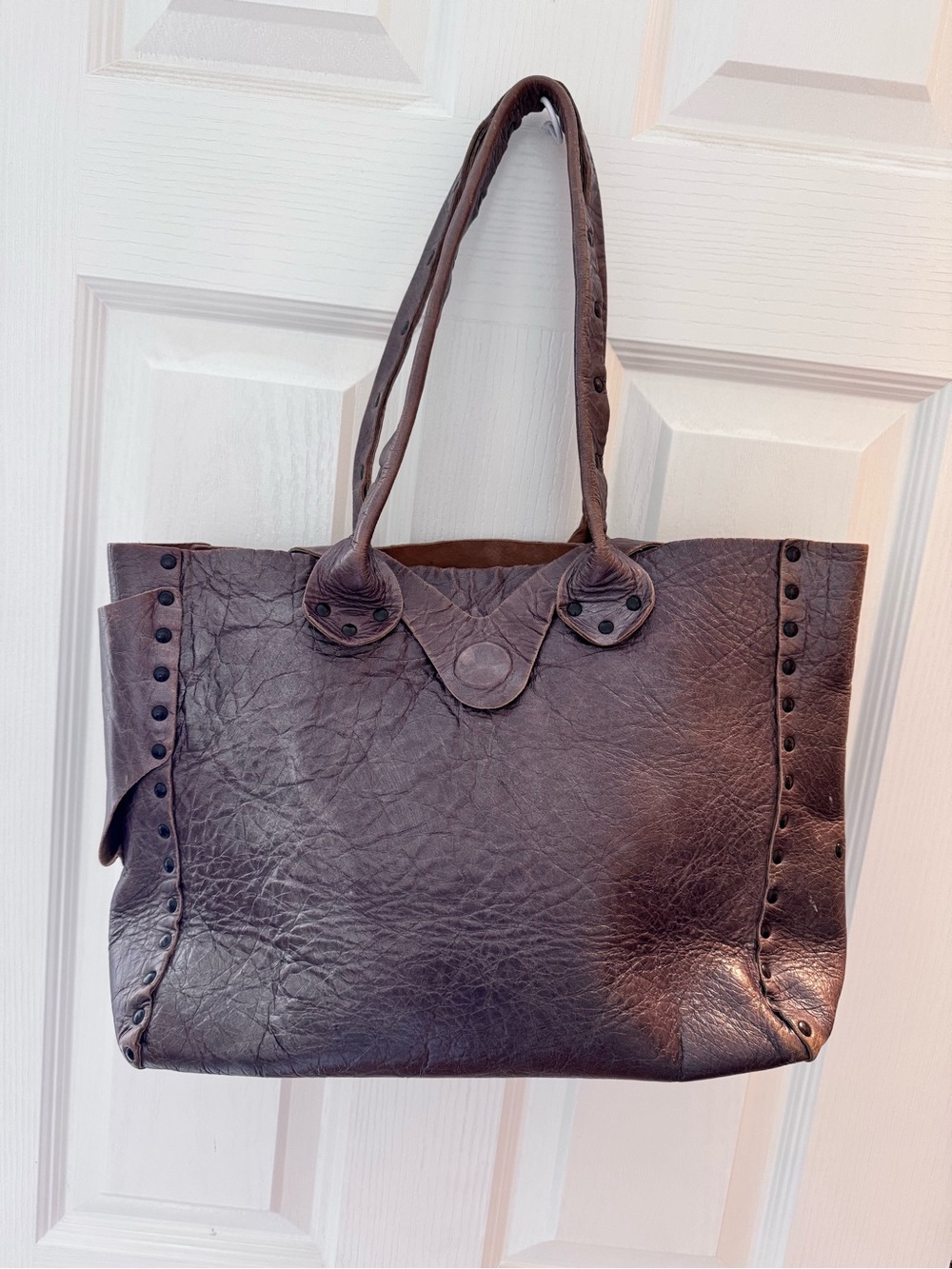 Leather Studded Tote Bag -  Plum-Brown